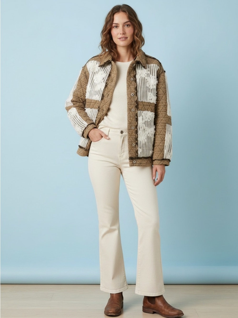 Quilted Patchwork Shacket Jacket - Brown & White